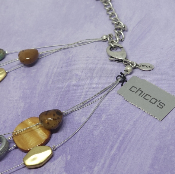 Chico's Multi Strand Silver Tone Brown & Green Beaded Necklace - Picture 6 of 7